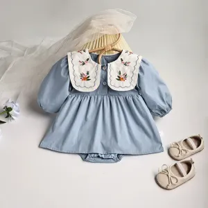 Solid Pleated Baby Bodysuit Toddler Girls Princess Clothes embroidery Big Collar Infant Clothing