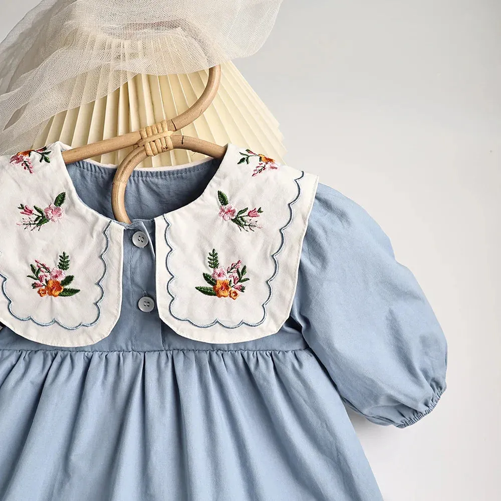 Solid Pleated Baby Bodysuit Toddler Girls Princess Clothes embroidery Big Collar Infant Clothing