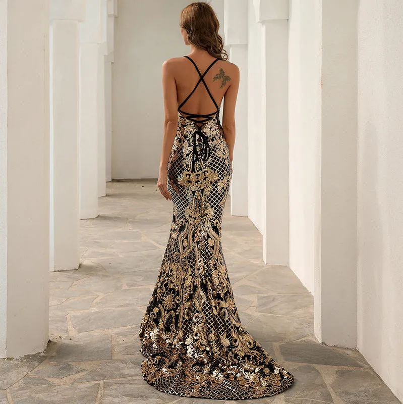 Spaghetti Strap Sequin Prom with Slit Evening Dress