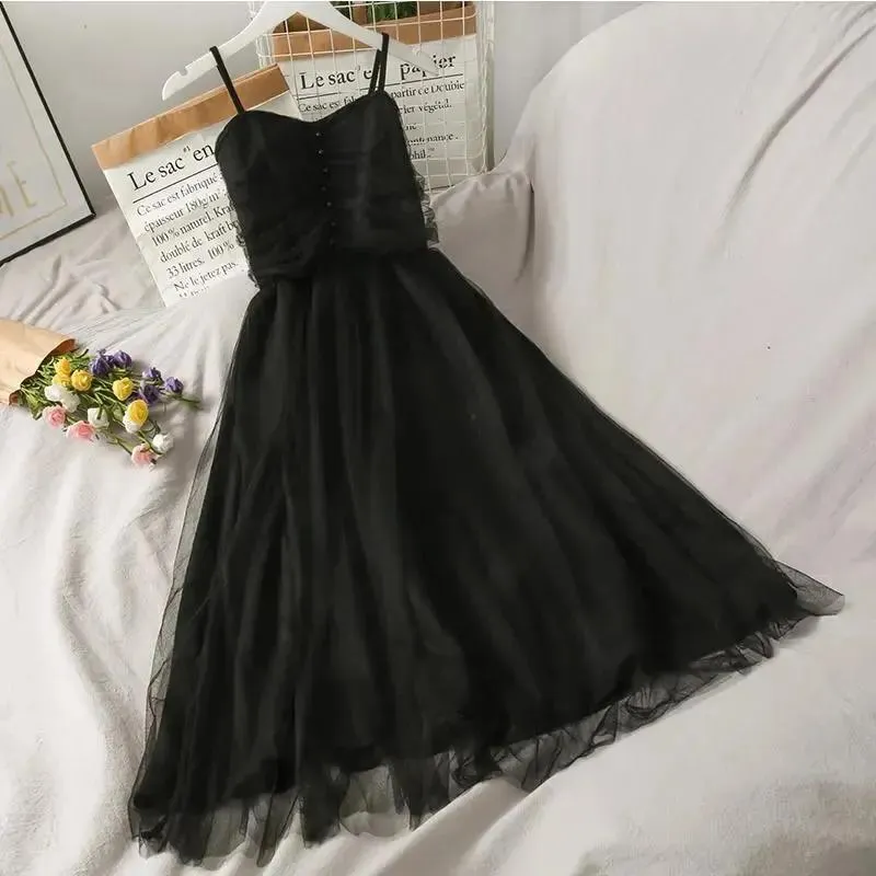 Spring and Summer Super Fairy High Waist Was Thin and Long Mesh Sling Dress Female Wild Fashion Big Swing Dress