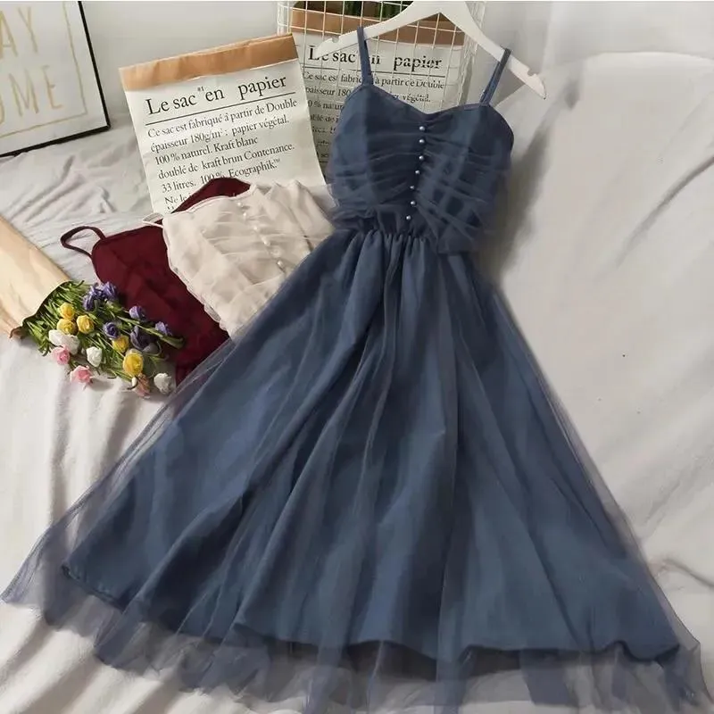 Spring and Summer Super Fairy High Waist Was Thin and Long Mesh Sling Dress Female Wild Fashion Big Swing Dress