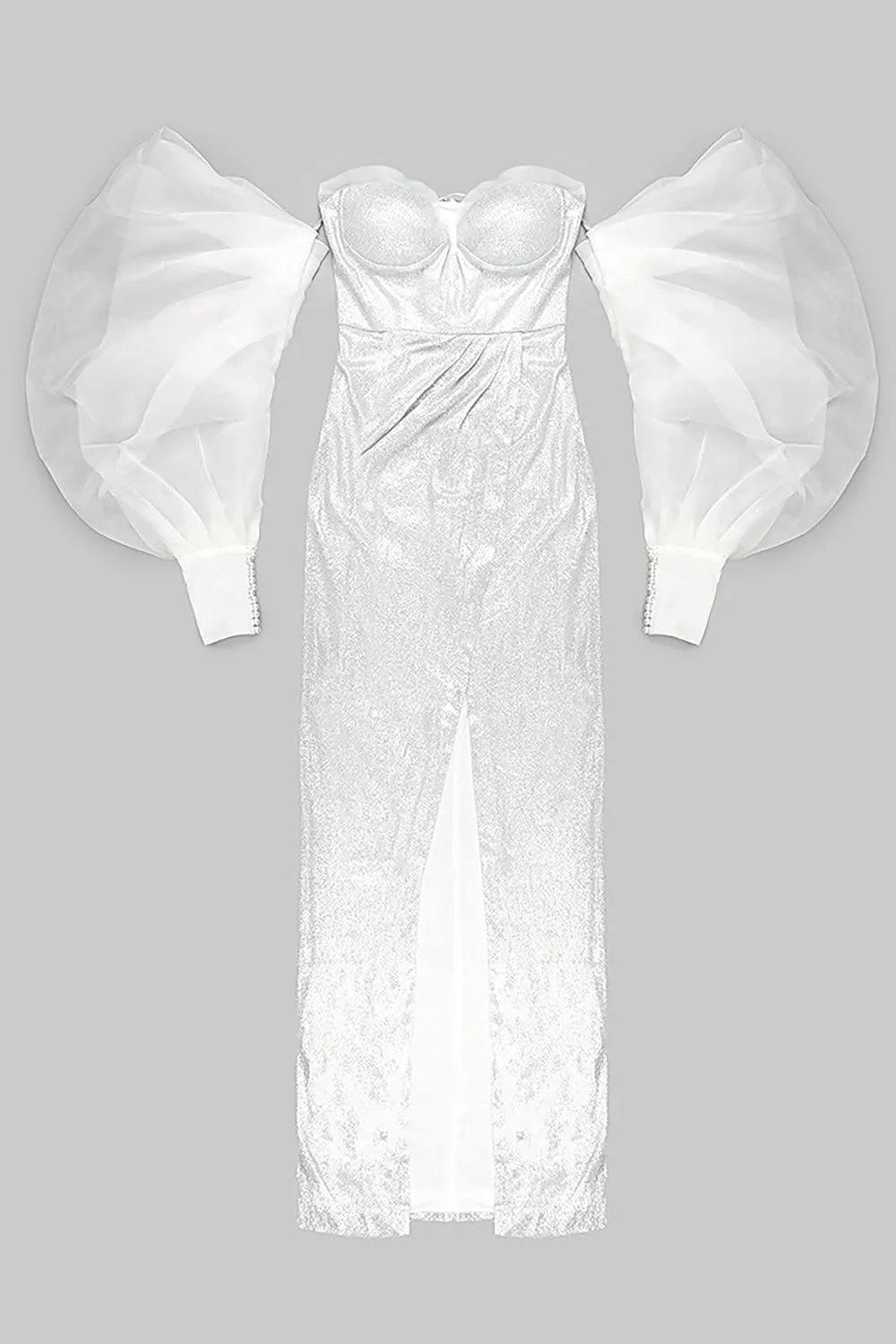Strapless Puff Sleeves Shiny Glitter Wedding Dress