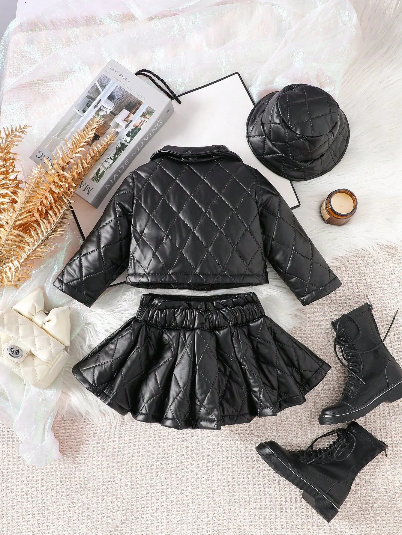 Streecool Kids Baby Girl Single-Breasted Quilted Long Sleeve Jacket And Pleated Hem Skirt 2-Piece Set-FD