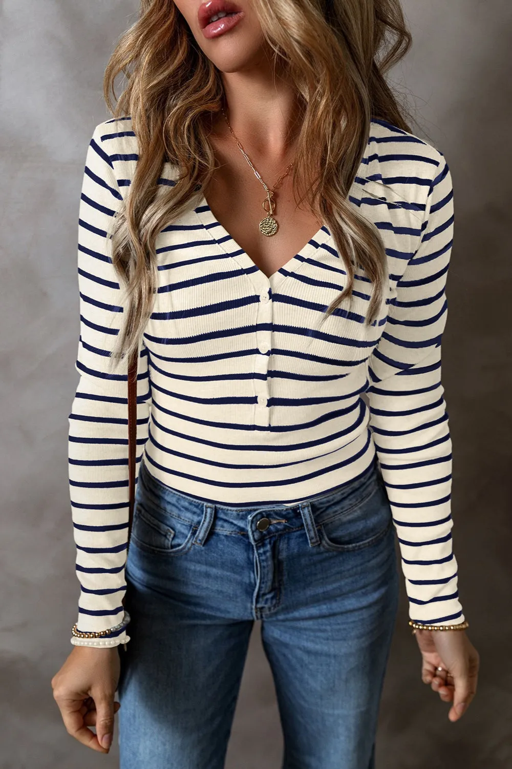 Striped V-Neck Long Sleeve Top S-2XL