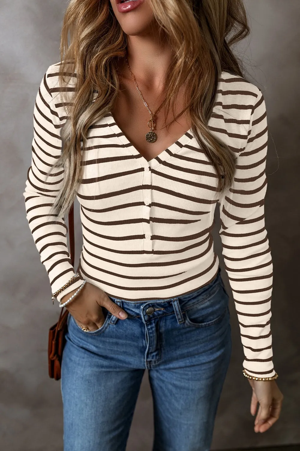 Striped V-Neck Long Sleeve Top S-2XL