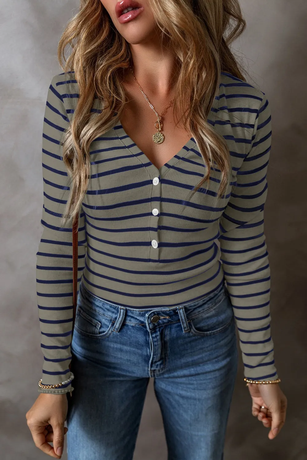 Striped V-Neck Long Sleeve Top S-2XL