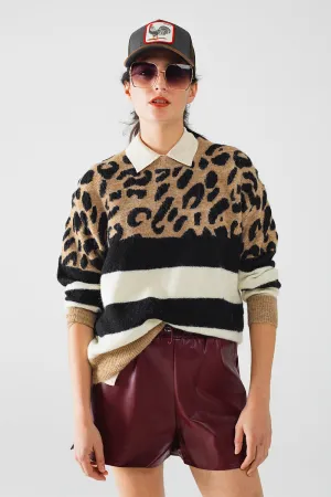 stylish knitted panther print sweater with black and white stripes