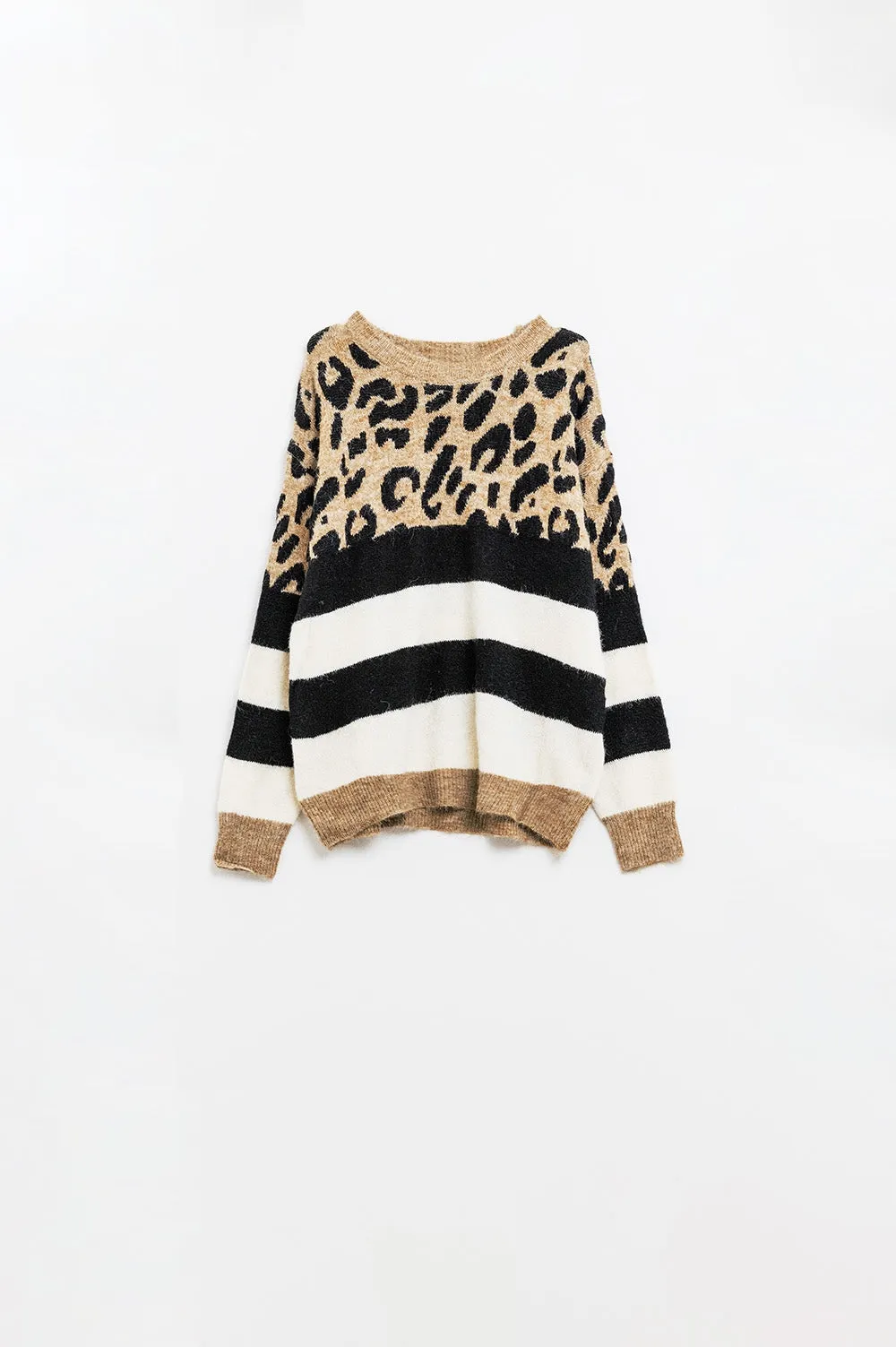 stylish knitted panther print sweater with black and white stripes