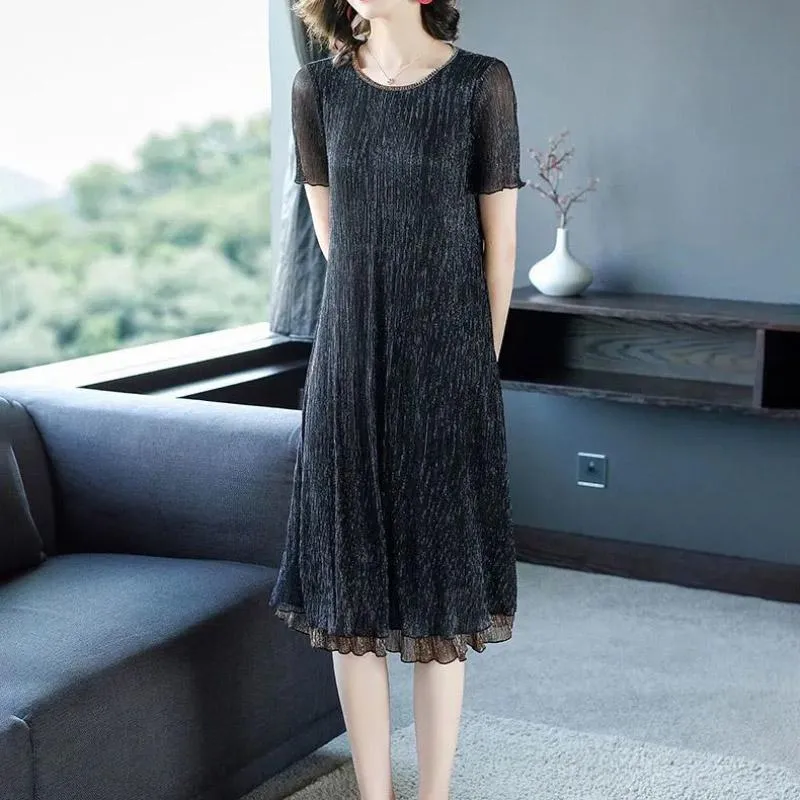 Summer Women Long Large Size Dresses Short Sleeves Solid Color Over-the-knee Long Skirts Casual Women's Pleated Skirts