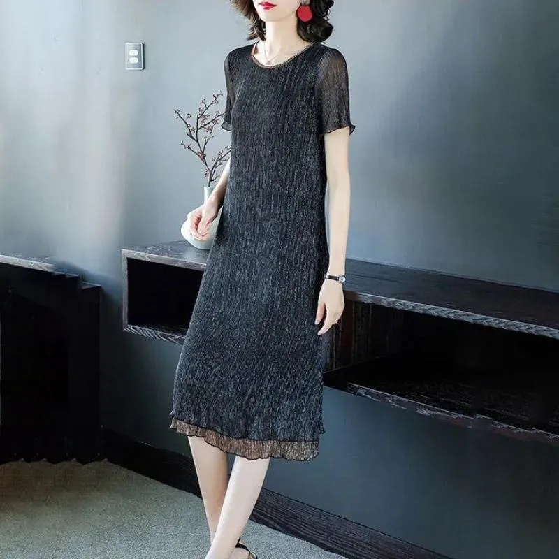 Summer Women Long Large Size Dresses Short Sleeves Solid Color Over-the-knee Long Skirts Casual Women's Pleated Skirts