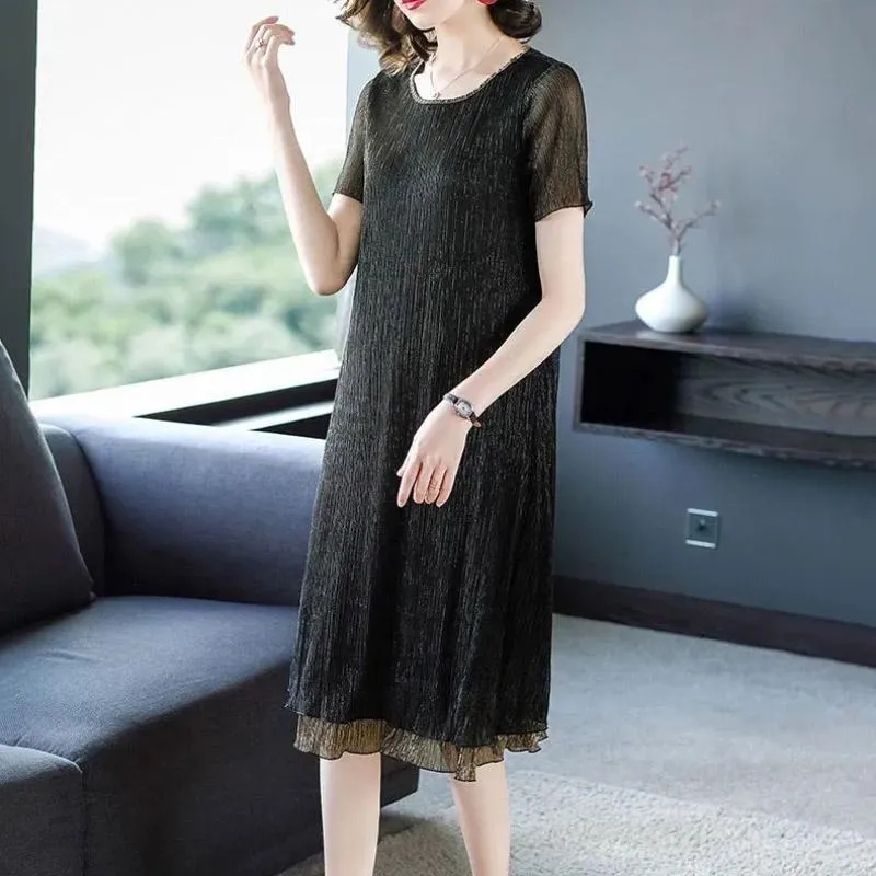 Summer Women Long Large Size Dresses Short Sleeves Solid Color Over-the-knee Long Skirts Casual Women's Pleated Skirts