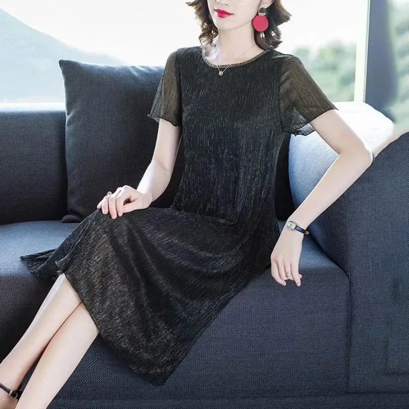 Summer Women Long Large Size Dresses Short Sleeves Solid Color Over-the-knee Long Skirts Casual Women's Pleated Skirts