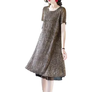 Summer Women Long Large Size Dresses Short Sleeves Solid Color Over-the-knee Long Skirts Casual Women's Pleated Skirts
