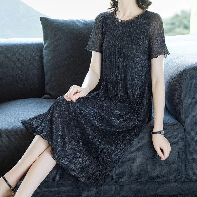 Summer Women Long Large Size Dresses Short Sleeves Solid Color Over-the-knee Long Skirts Casual Women's Pleated Skirts