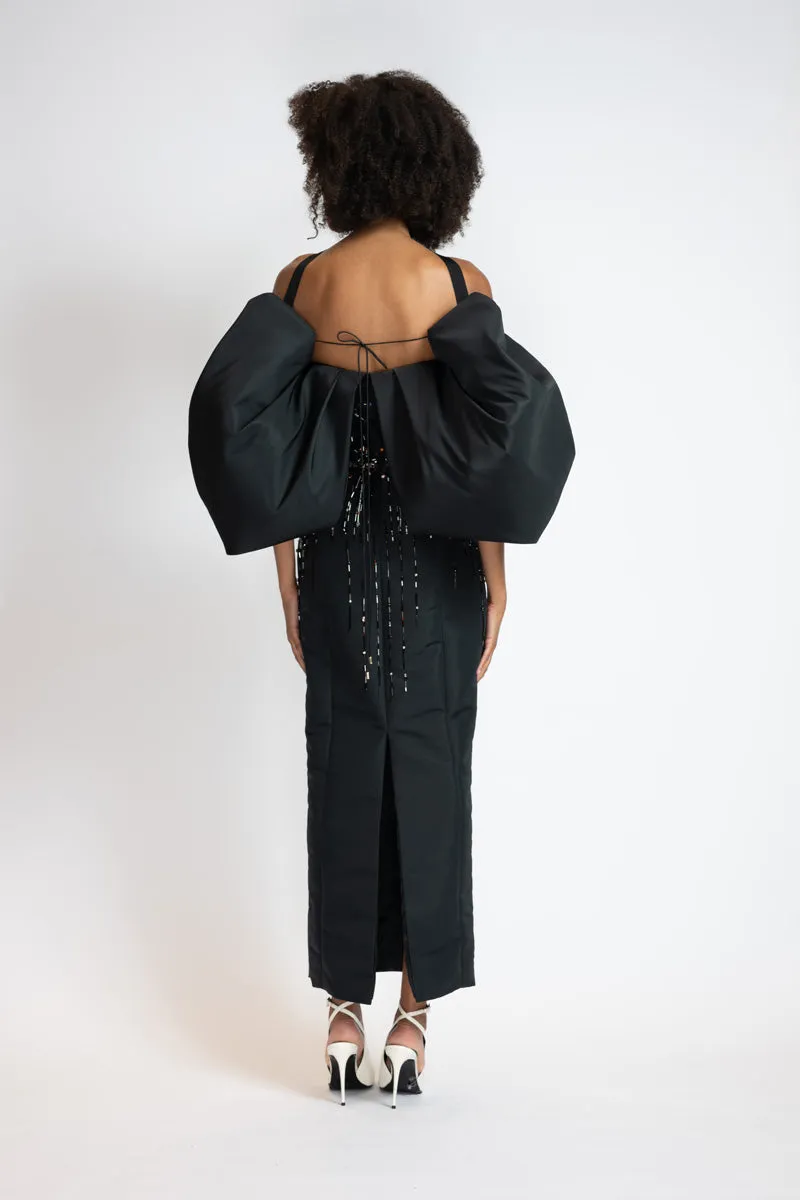 Sunburst Embroidered Black Faille Dress with Draped Cloud Sleeves