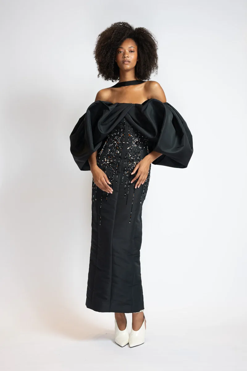 Sunburst Embroidered Black Faille Dress with Draped Cloud Sleeves