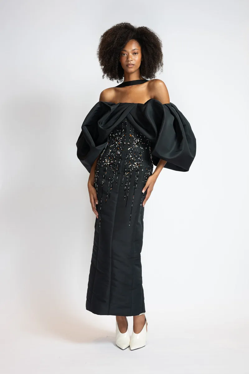 Sunburst Embroidered Black Faille Dress with Draped Cloud Sleeves