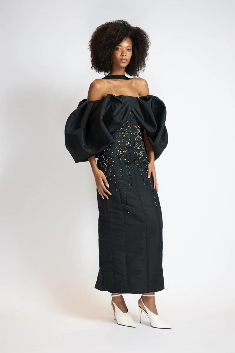 Sunburst Embroidered Black Faille Dress with Draped Cloud Sleeves