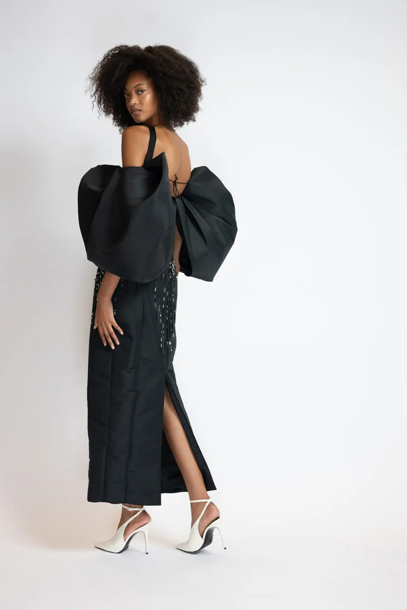 Sunburst Embroidered Black Faille Dress with Draped Cloud Sleeves