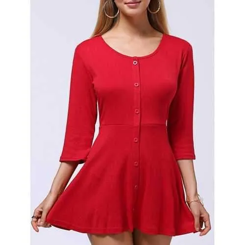 Sweet Button-Down Skater Sweater Dress - Red Xl