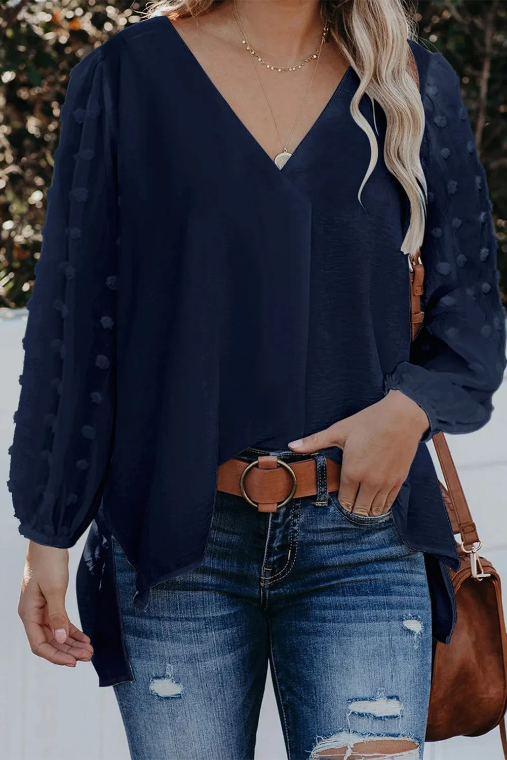 Swiss Dot V Neck Long Sleeve Blouse