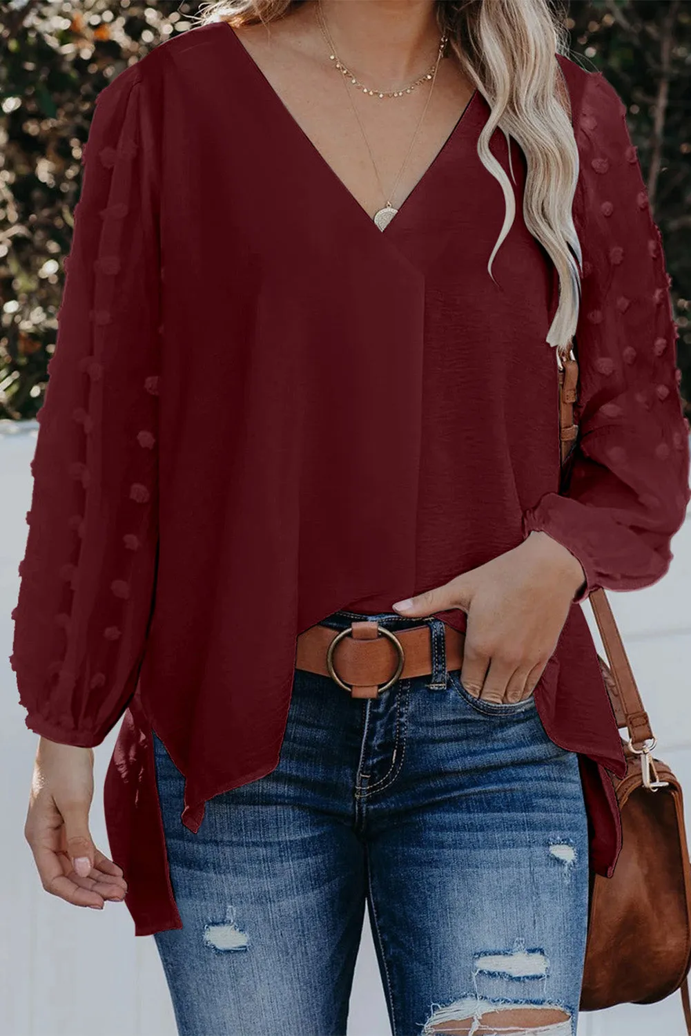 Swiss Dot V Neck Long Sleeve Blouse