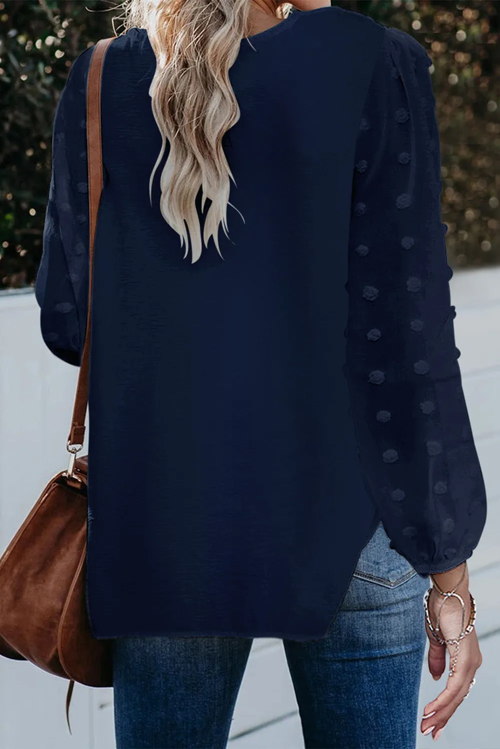 Swiss Dot V Neck Long Sleeve Blouse