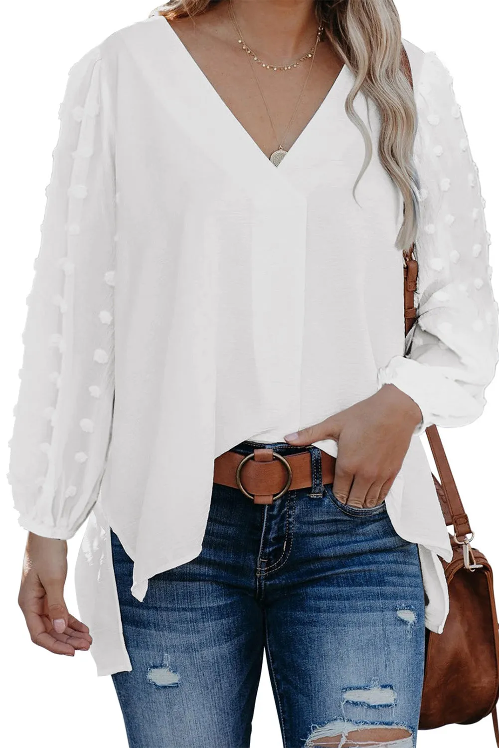 Swiss Dot V Neck Long Sleeve Blouse