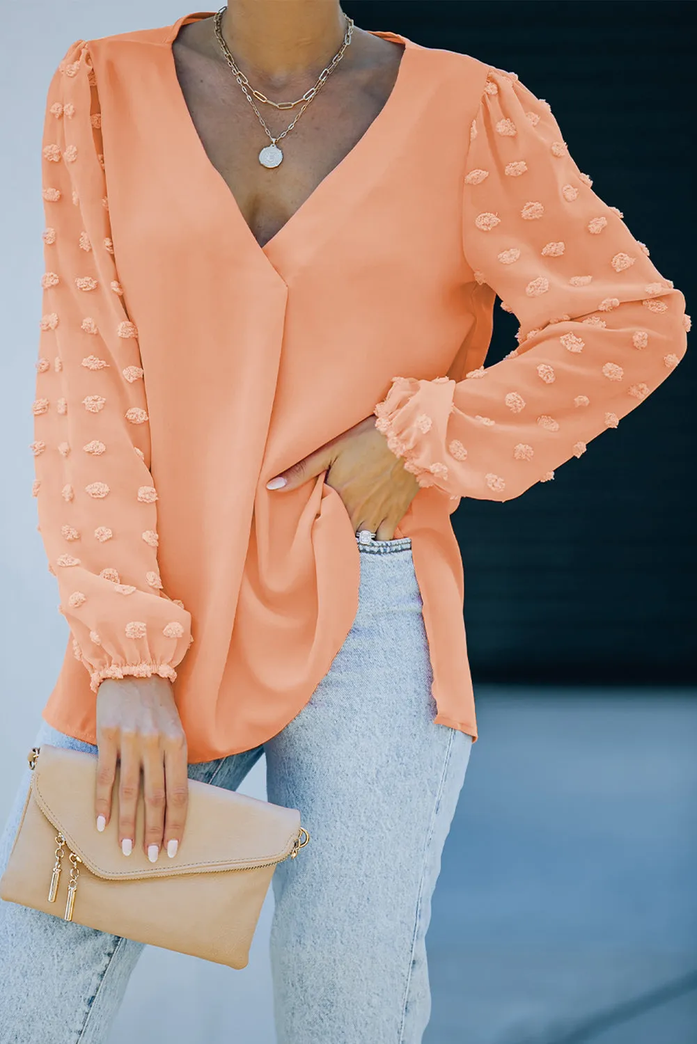 Swiss Dot V Neck Long Sleeve Blouse