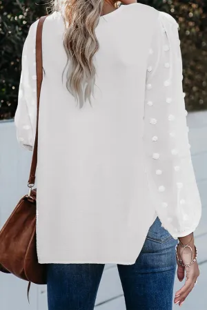 Swiss Dot V Neck Long Sleeve Blouse