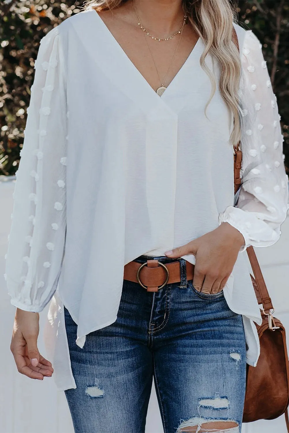 Swiss Dot V Neck Long Sleeve Blouse