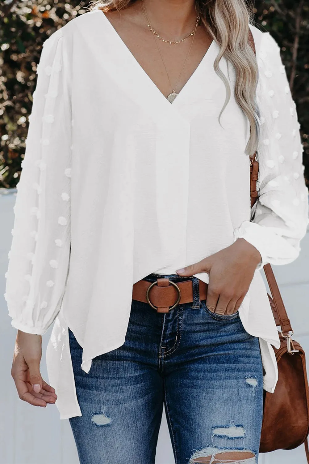 Swiss Dot V Neck Long Sleeve Blouse