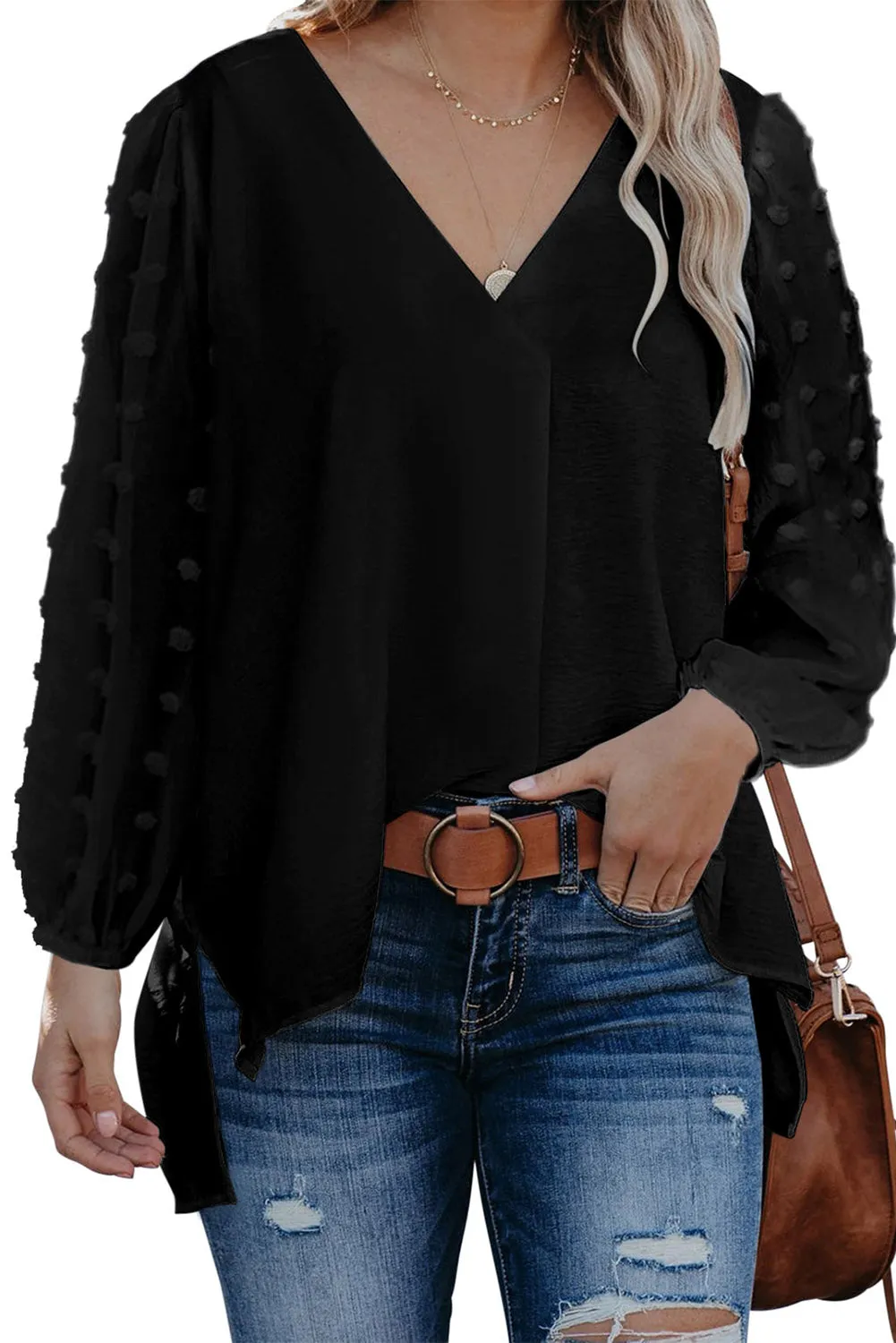 Swiss Dot V Neck Long Sleeve Blouse