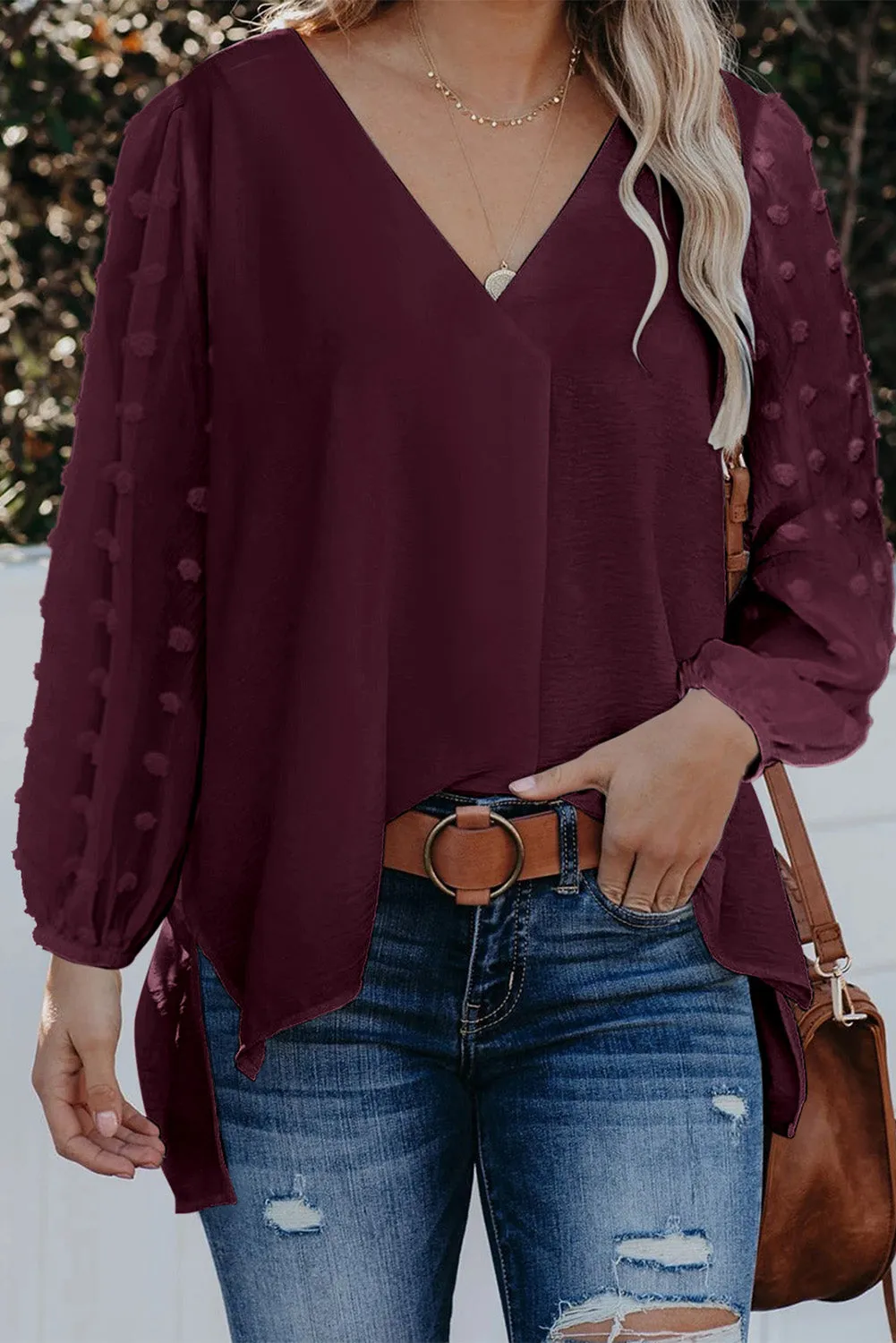 Swiss Dot V Neck Long Sleeve Blouse