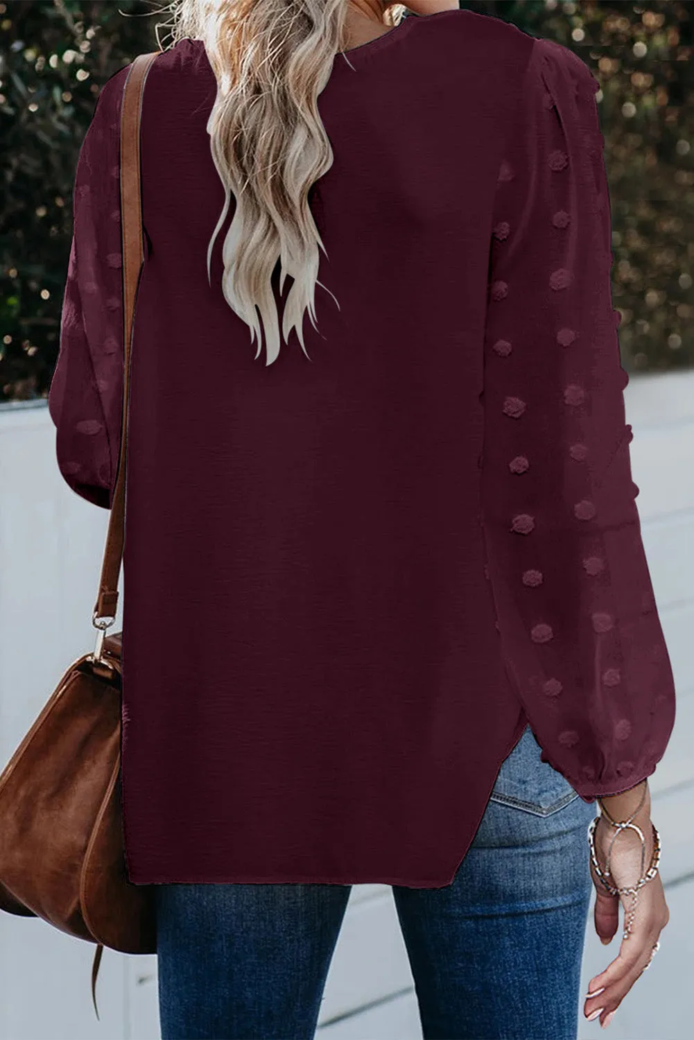 Swiss Dot V Neck Long Sleeve Blouse
