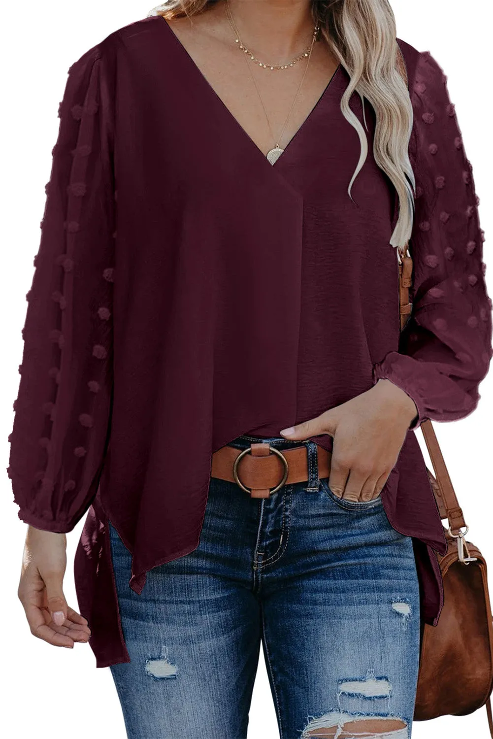 Swiss Dot V Neck Long Sleeve Blouse