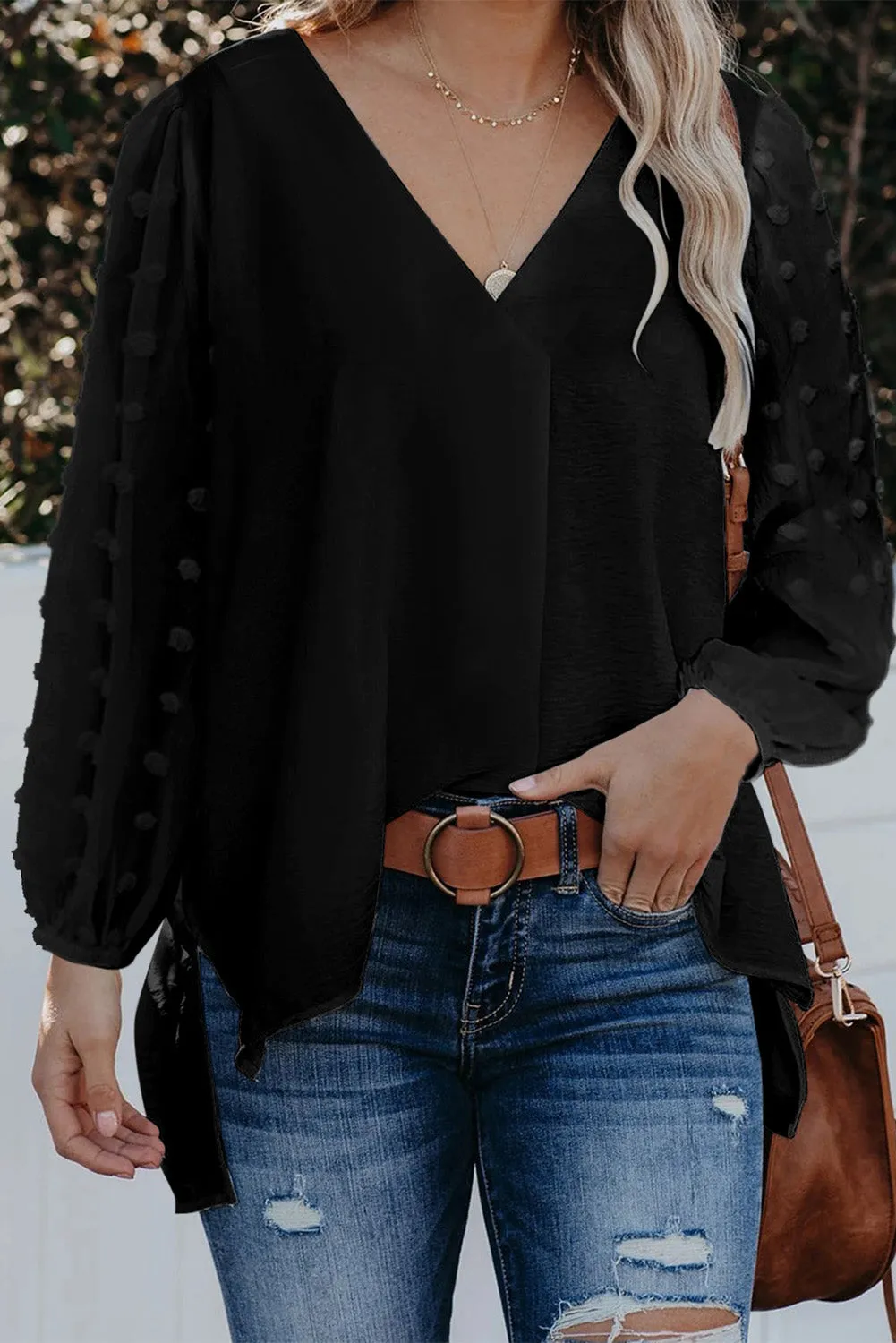 Swiss Dot V Neck Long Sleeve Blouse