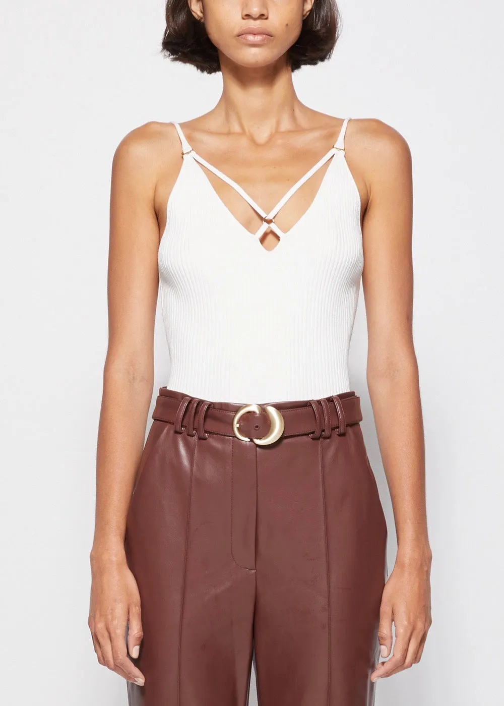 Tatiana Compact Rib V-Neck Strap Tank Top (White)
