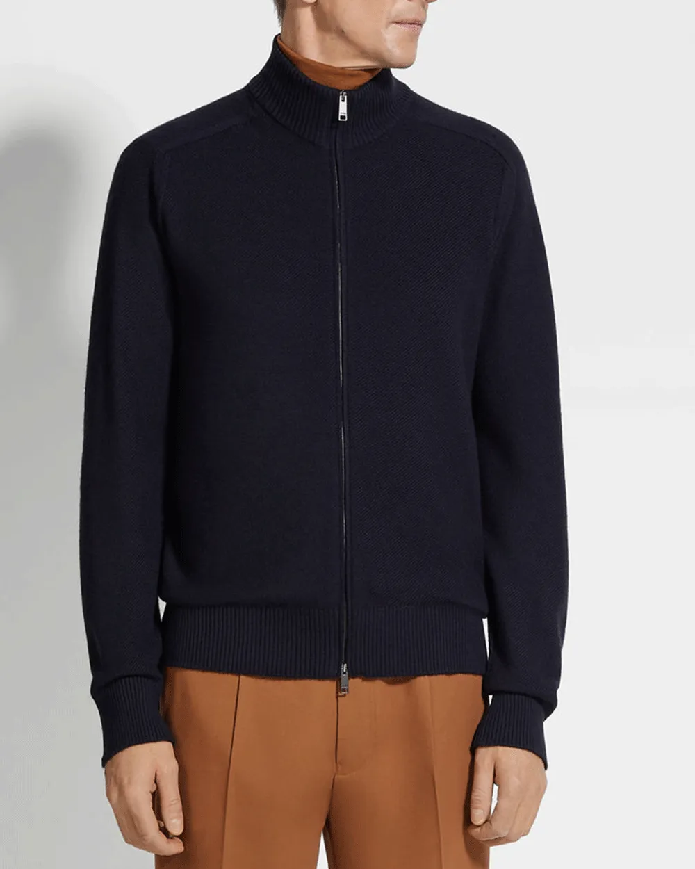 Textured Navy Full Zip Sweater