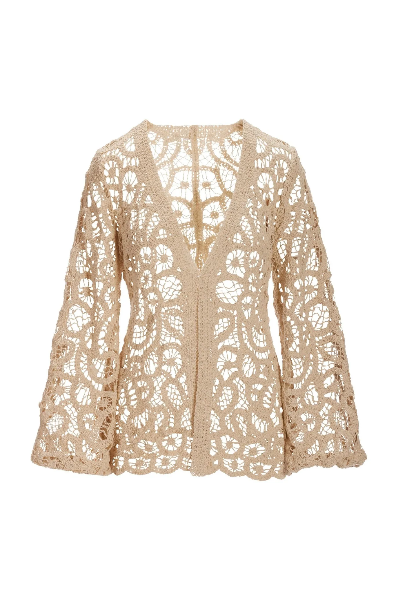 Transitional Balloon Sleeve Crochet Hip Length Duster Tan