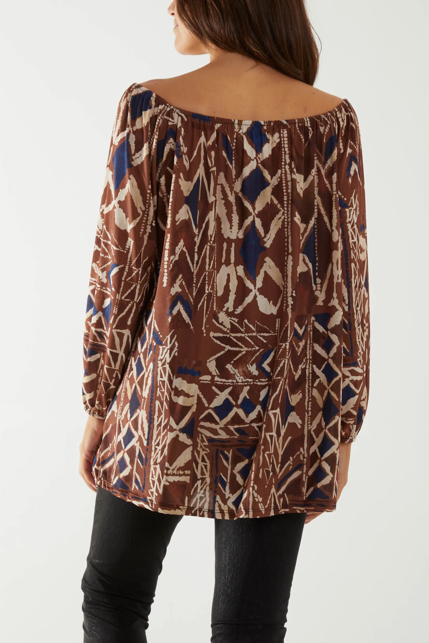 Tribal Print Bardot Tie Blouse