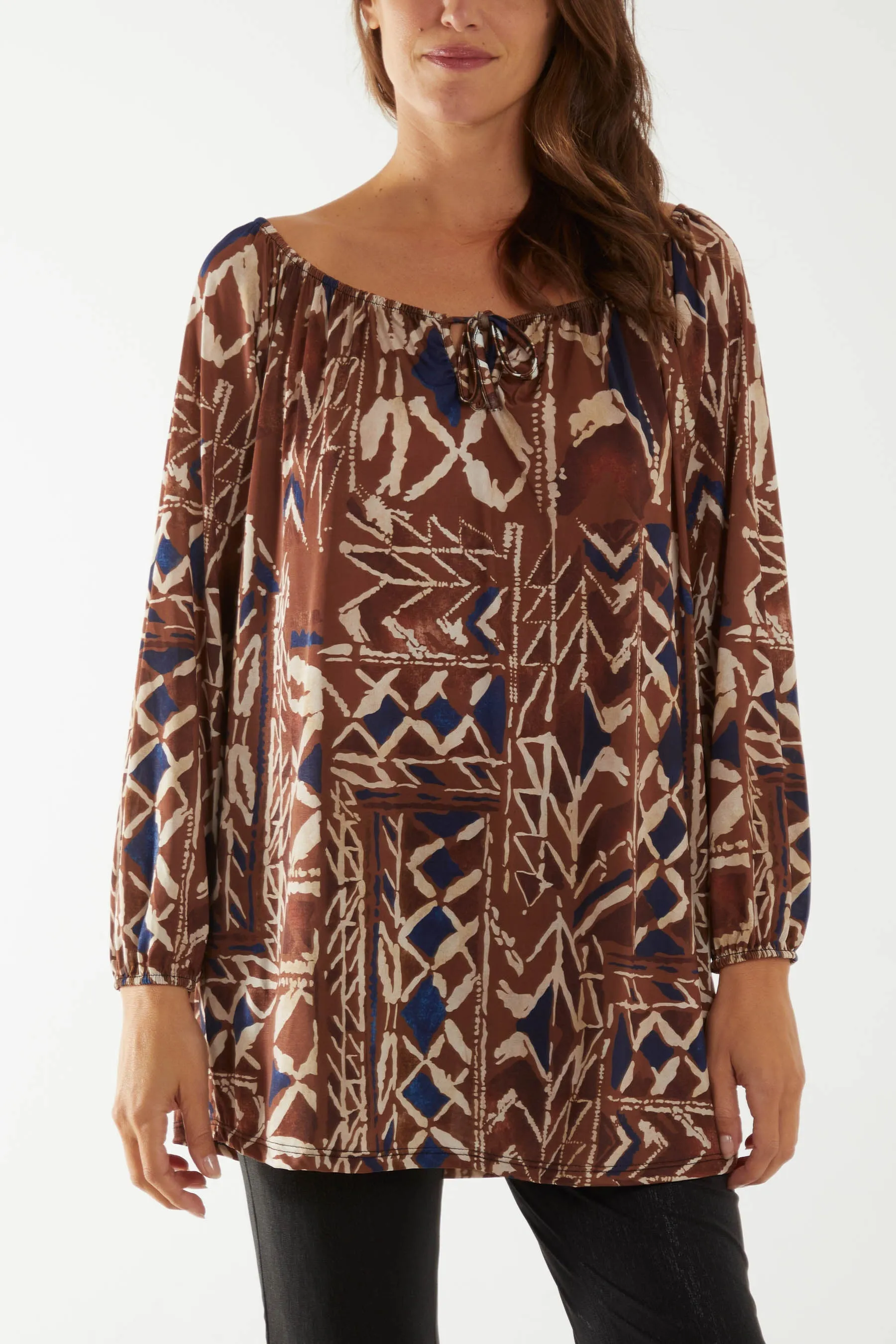 Tribal Print Bardot Tie Blouse