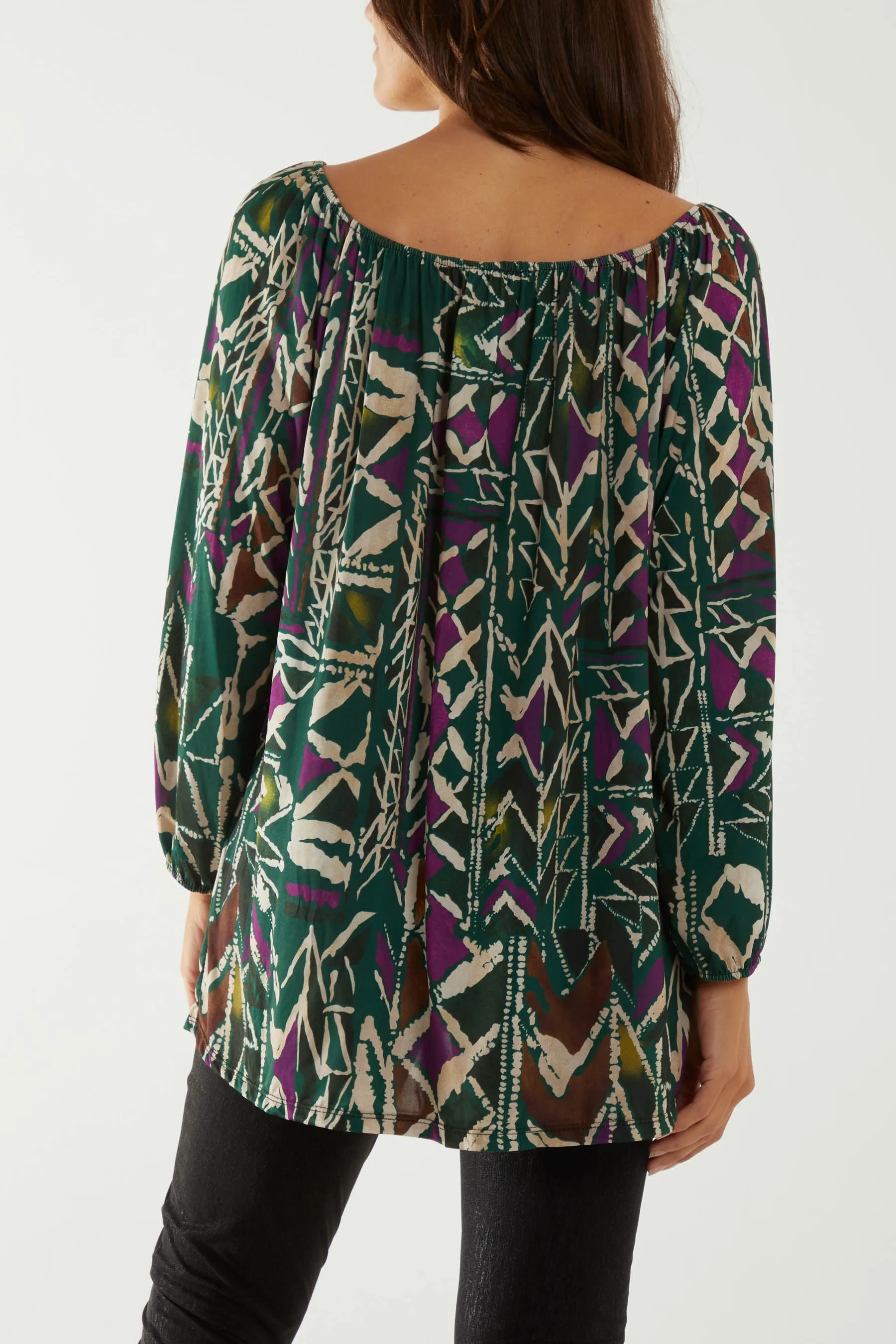 Tribal Print Bardot Tie Blouse