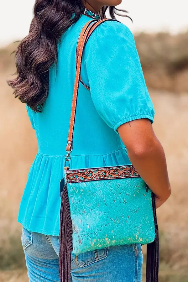Turquoise Bow Puff Sleeve Shirt