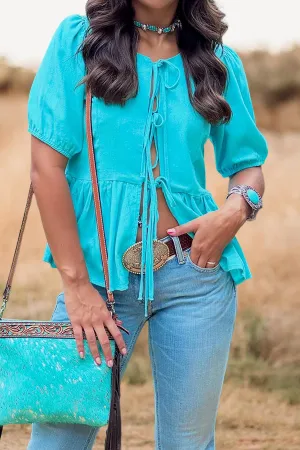 Turquoise Bow Puff Sleeve Shirt