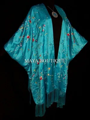 Turquoise Embroidered Silk Kimono Caftan Duster Opera Coat Maya Matazaro Plus