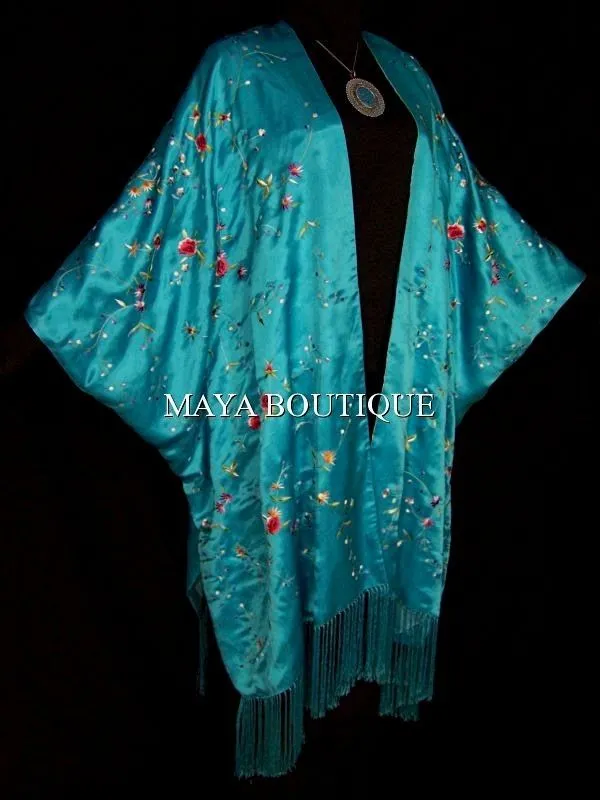 Turquoise Embroidered Silk Kimono Caftan Duster Opera Coat Maya Matazaro Plus