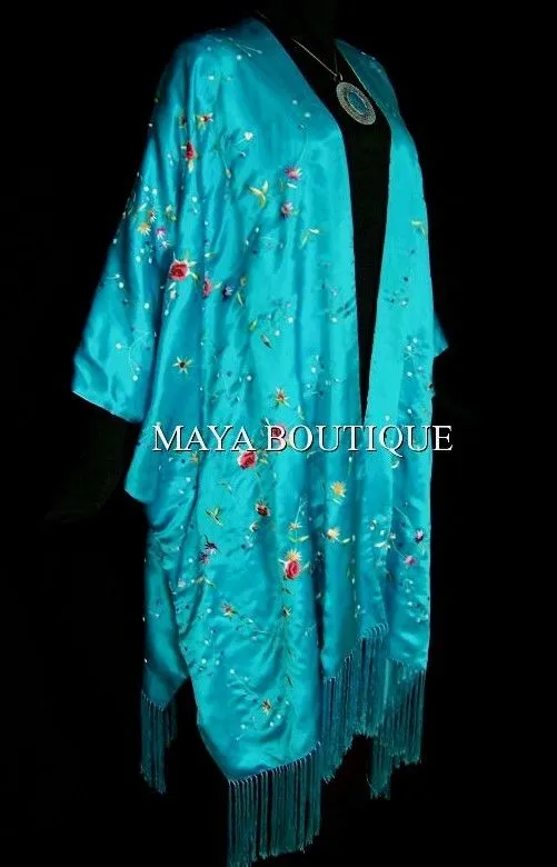 Turquoise Embroidered Silk Kimono Caftan Duster Opera Coat Maya Matazaro Plus