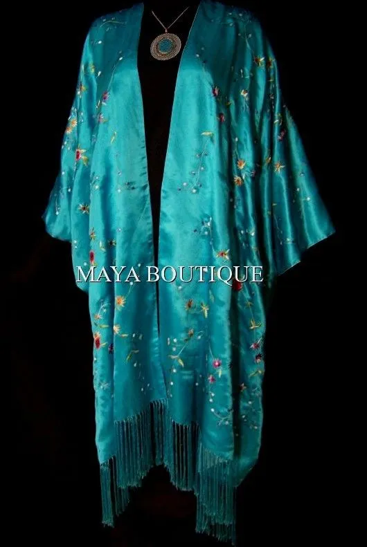Turquoise Embroidered Silk Kimono Caftan Duster Opera Coat Maya Matazaro Plus