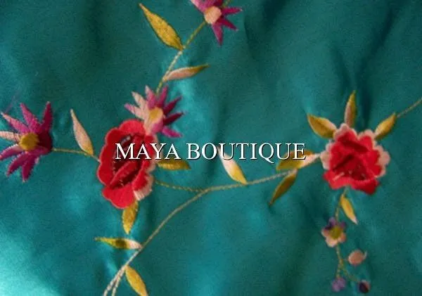 Turquoise Embroidered Silk Kimono Caftan Duster Opera Coat Maya Matazaro Plus